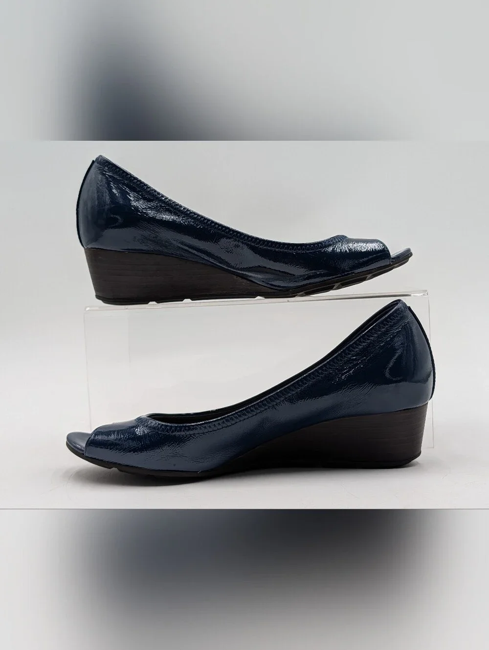 Cole Haan Size 6–6.5 Air Tali Patent Peep Toe Wedge Navy Blue Nike Air Comfort
